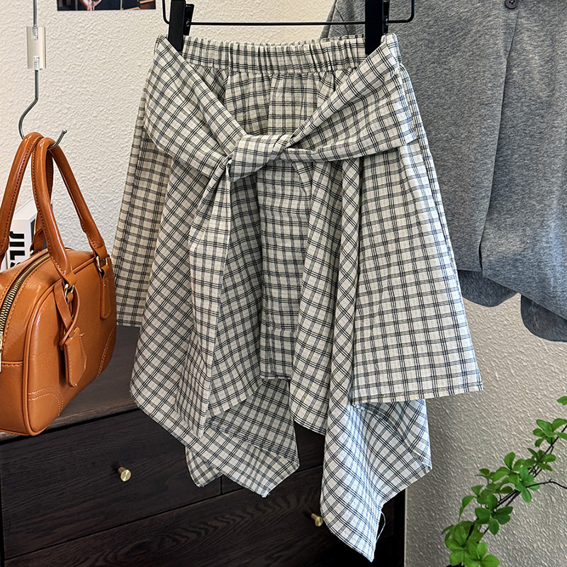 韓系休閒運動百搭綁帶格紋不規則半裙(2色)
