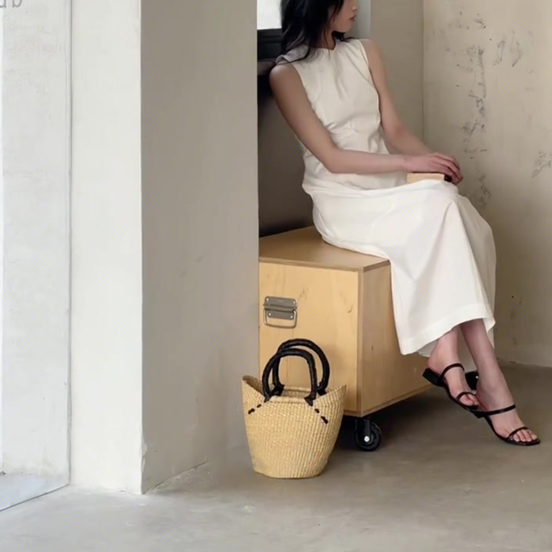 法式圓領拼收腰無袖連身裙(2色)