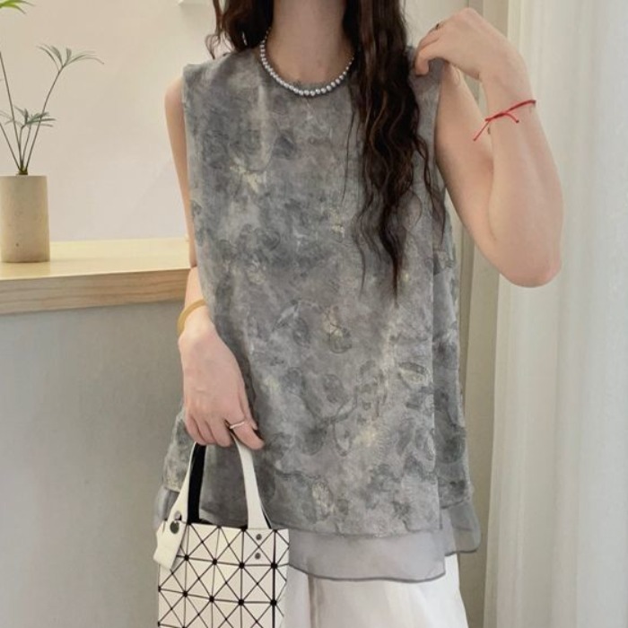 網紗拼接假兩件印花無袖襯衫