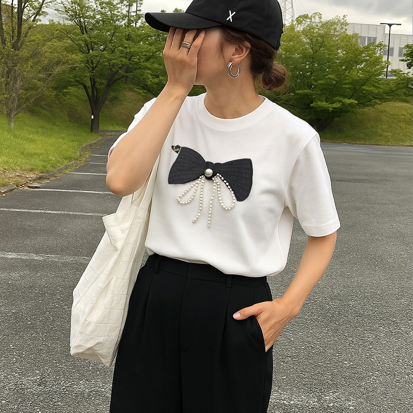 日系蝴蝶結珠鏈裝飾棉T恤(2色)