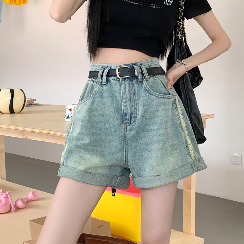 高腰水洗A字捲邊牛仔短褲