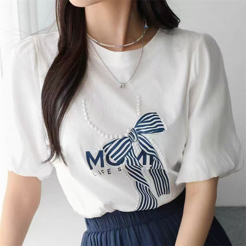 蝴蝶結珍珠拼接印花短袖T恤(2色)