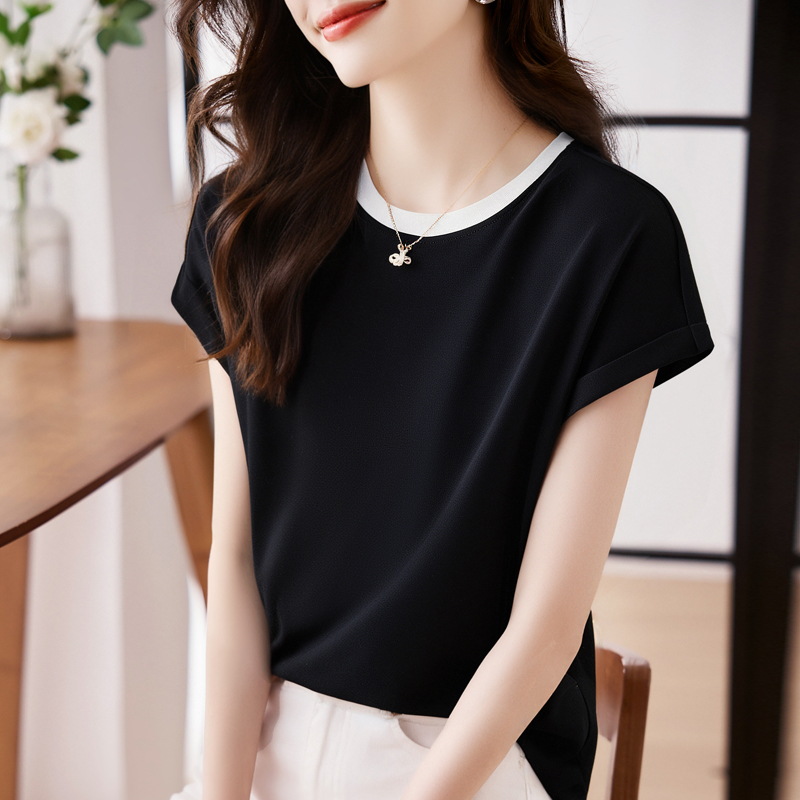 優雅圓領拼接短袖T恤(2色)