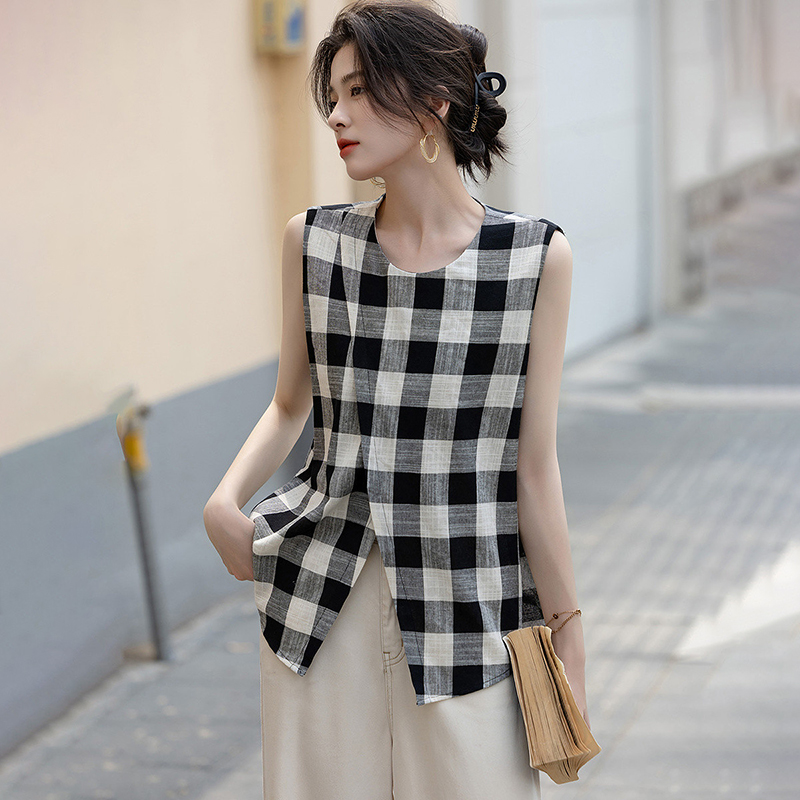 復古格紋交叉圓領無袖襯衫