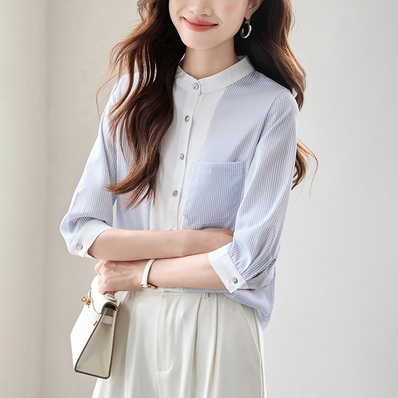 優雅立領條紋七分袖襯衫