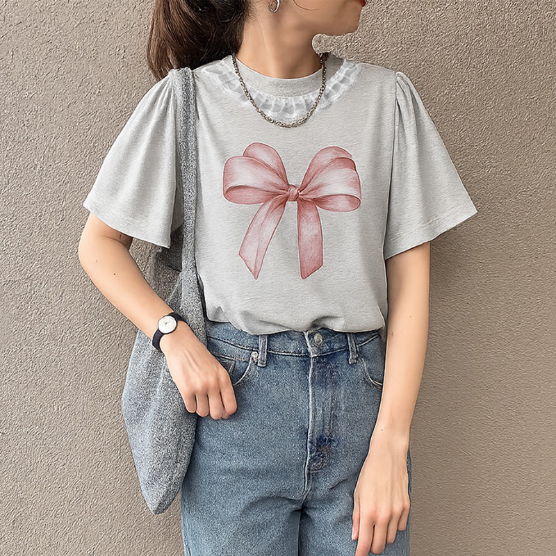 時尚圓領拼接蕾絲短袖T恤(2色)