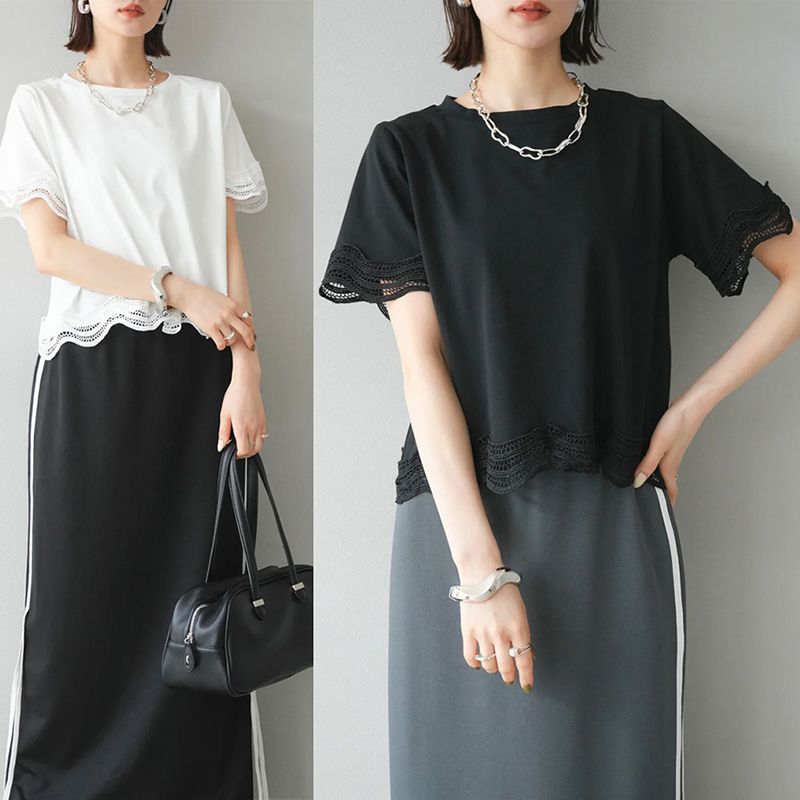 簡約圓領繡拼接短袖T恤(2色)