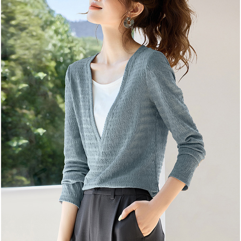 V領撞色假兩件拼接長袖T恤(2色)