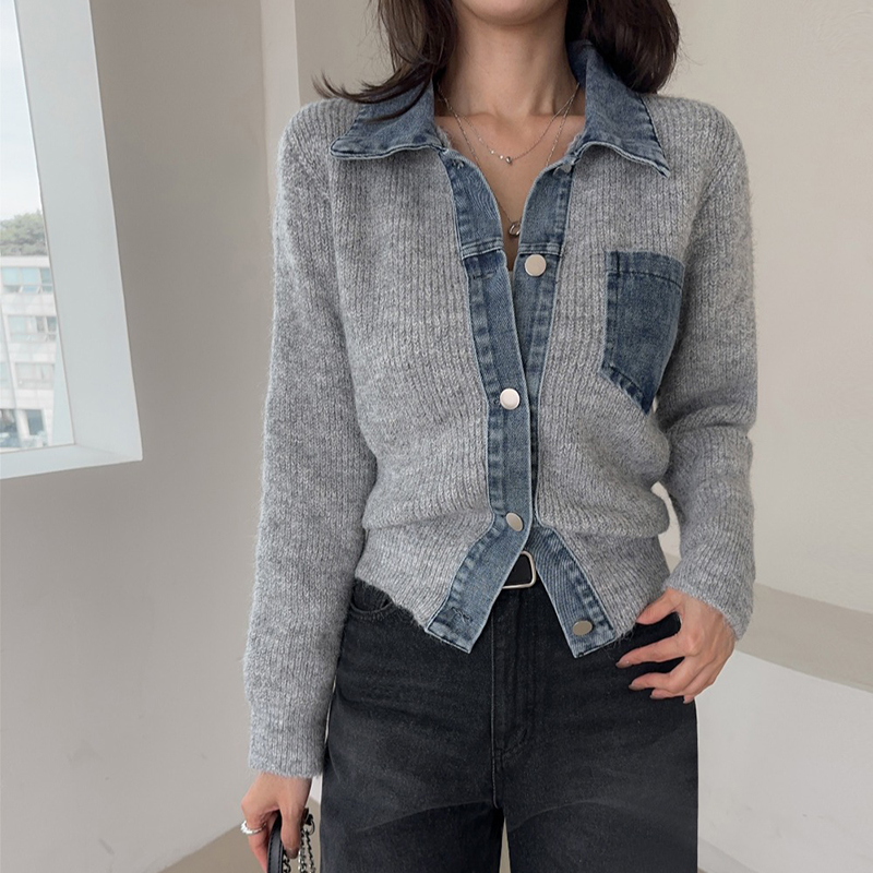 韓系針織牛仔拼接短款外套