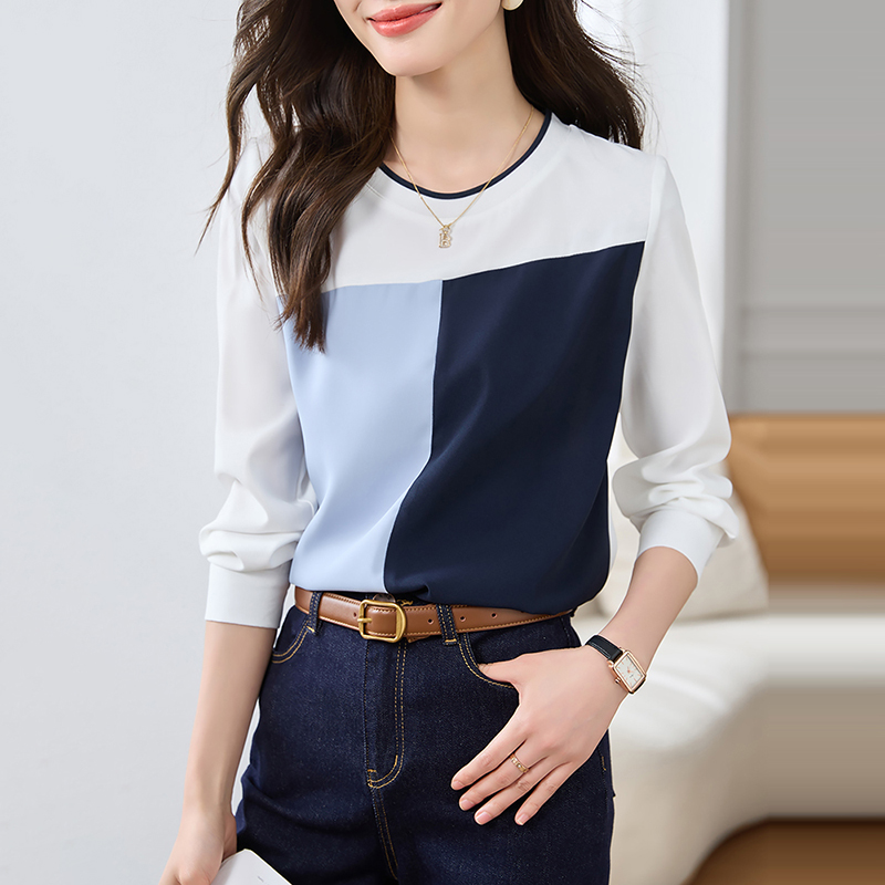 優雅圓領撞色襯衫袖T恤
