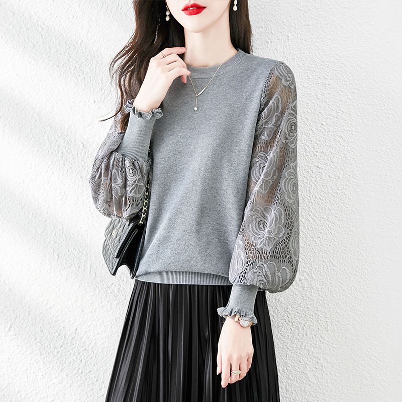 蕾絲鏤空袖拼接針織衫(3色)