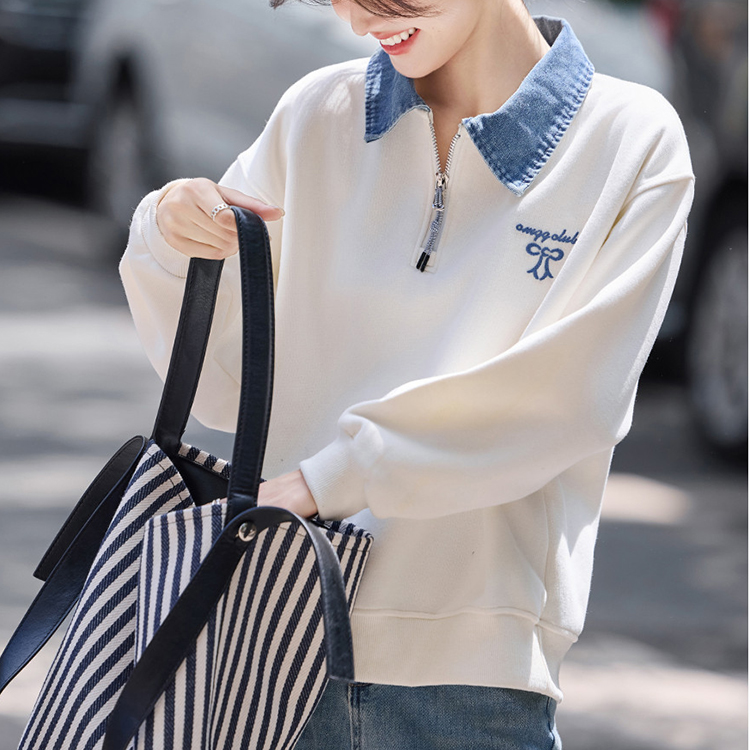 繡花撞色翻領拼接假兩件衛衣