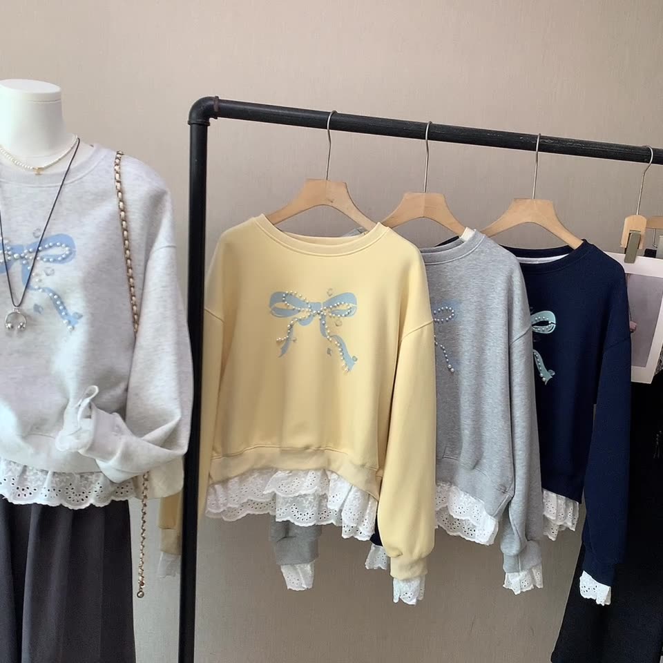 韓系蕾絲拼接蝴蝶結釘珠假兩件衛衣(4色)