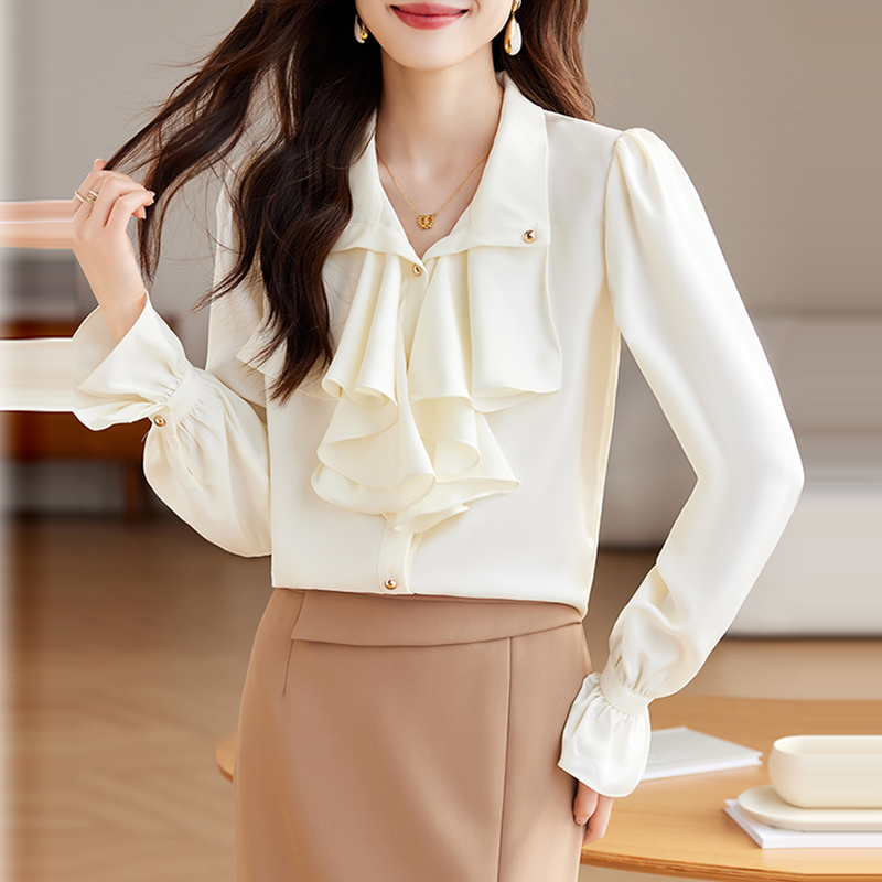 法式復古V領荷葉邊長袖襯衫