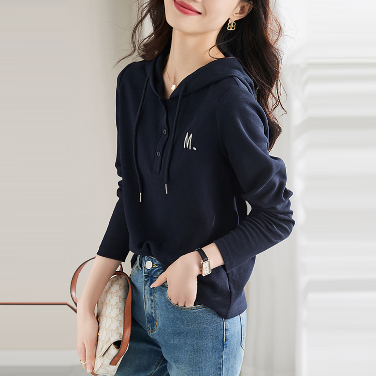 時尚字母刺繡連帽抽繩長袖T恤