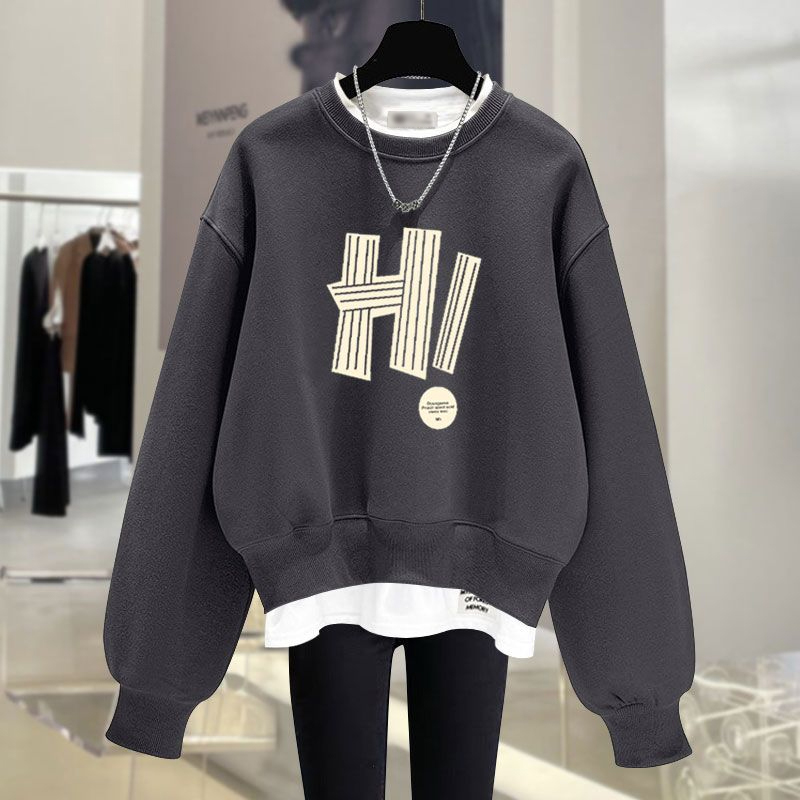 韓系圓領字母假兩件衛衣