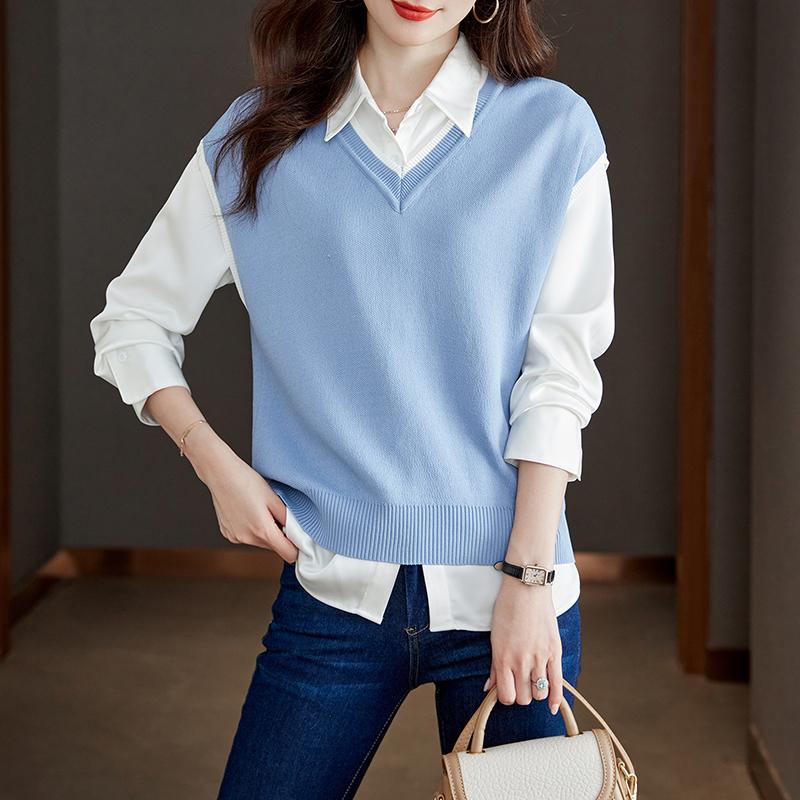 韓系翻領拼接針織假兩件長袖襯衫