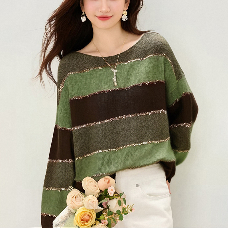 時尚圓領條紋撞色針織毛衣