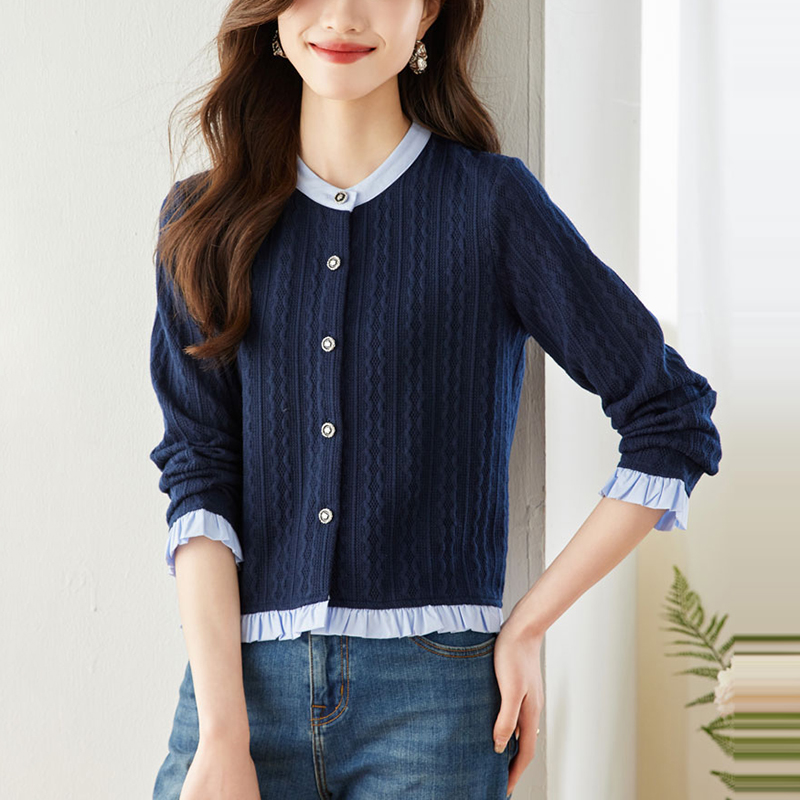 撞色假兩件立領針織衫