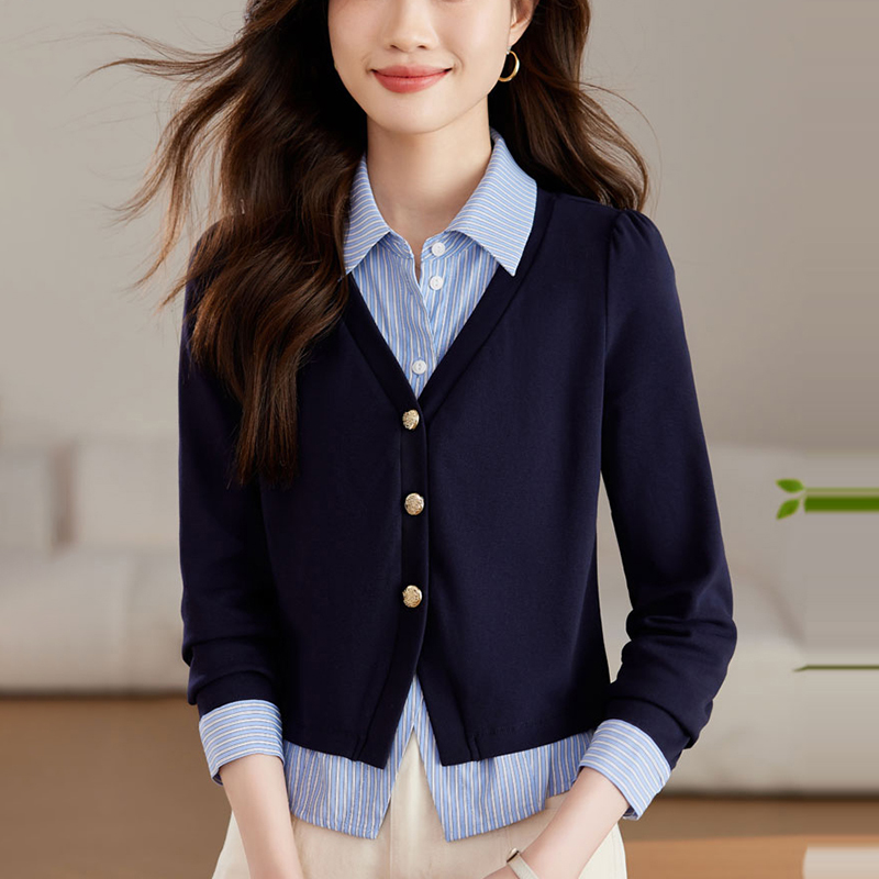 假兩件條紋拼接POLO領襯衫