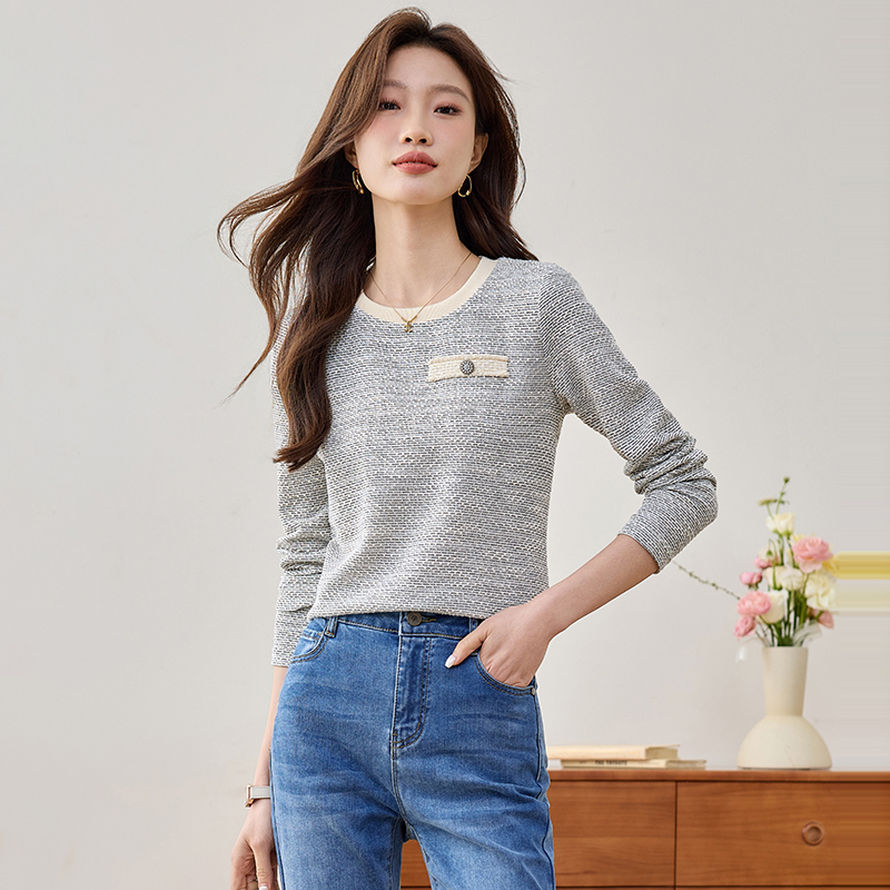 小香風拼色圓領長袖T恤