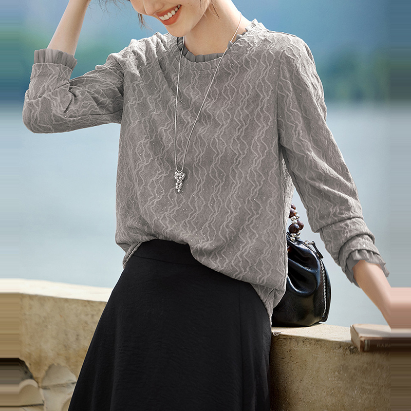 優雅百搭圓領肌理長袖T恤