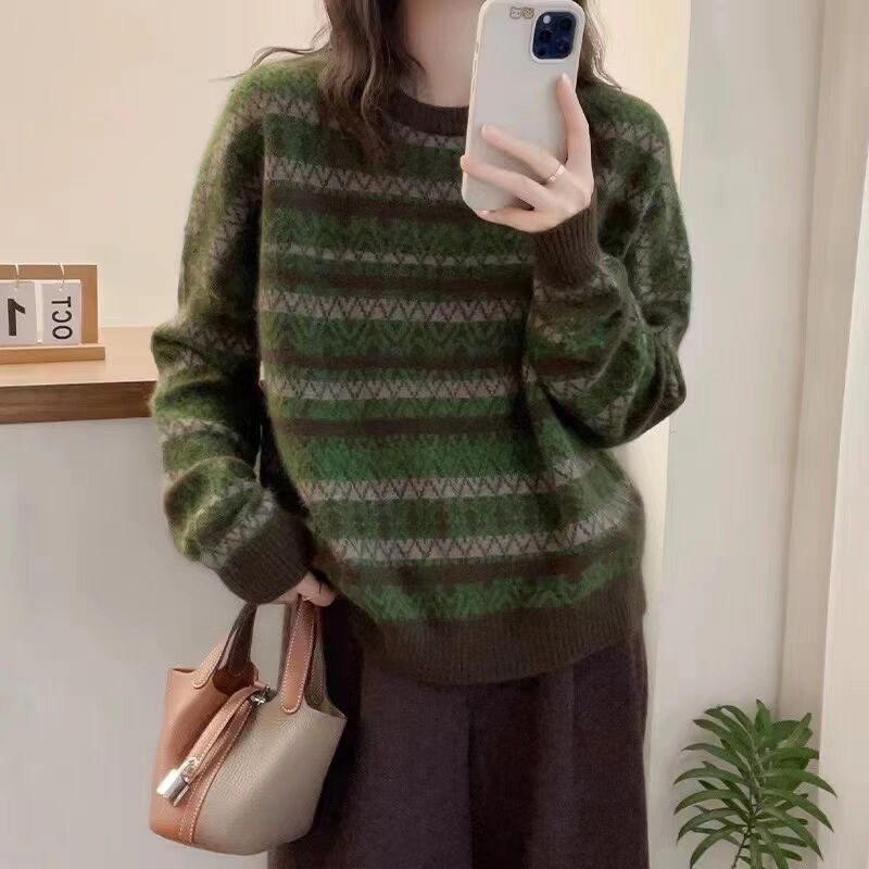 復古圓領條紋針織毛衣