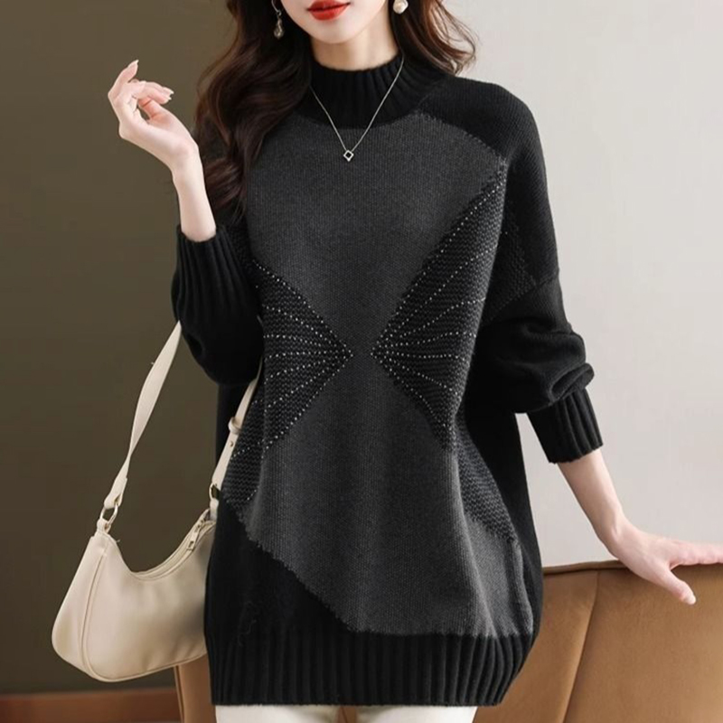 時尚拼色半高領中長針織毛衣