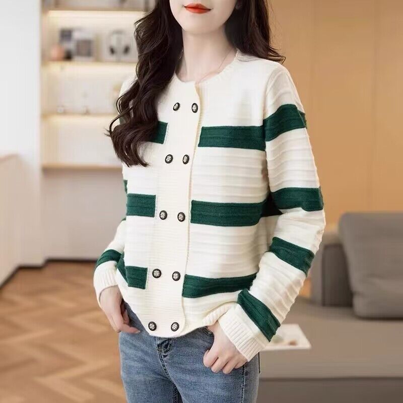 休閒條紋雙排扣針織開襟衫(4色)