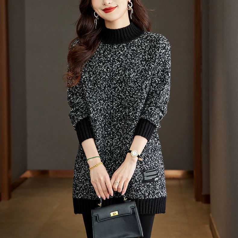 簡約半高領中長針織毛衣