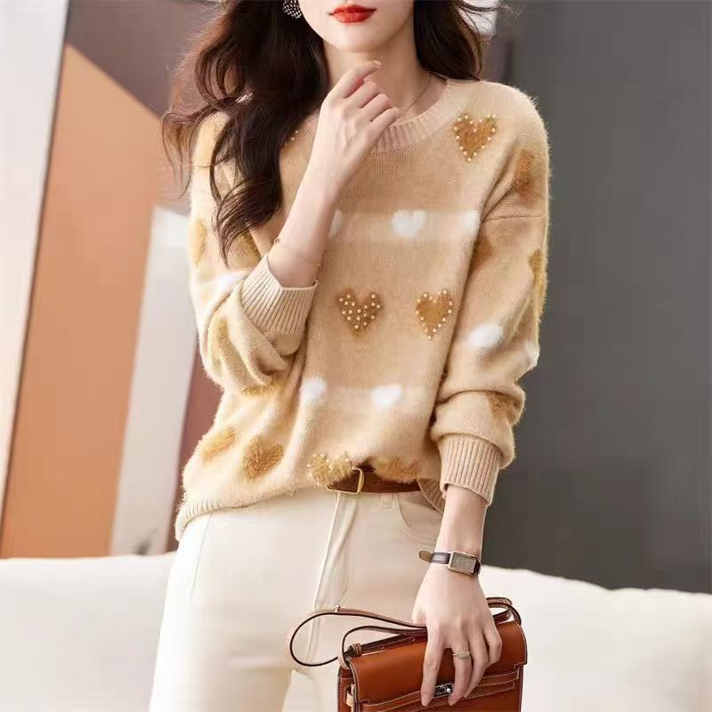 百搭圓領釘珠長袖針織衫(2色)