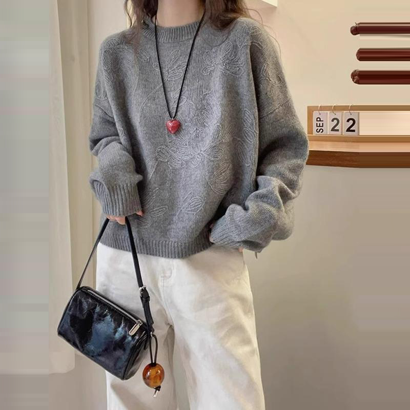 時尚提花圓領長袖針織毛衣(2色)