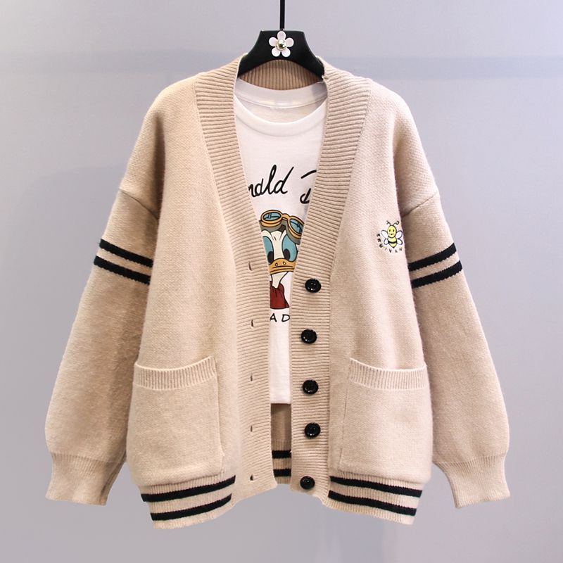 寬鬆V領刺繡小蜜蜂針織開襟衫(3色)