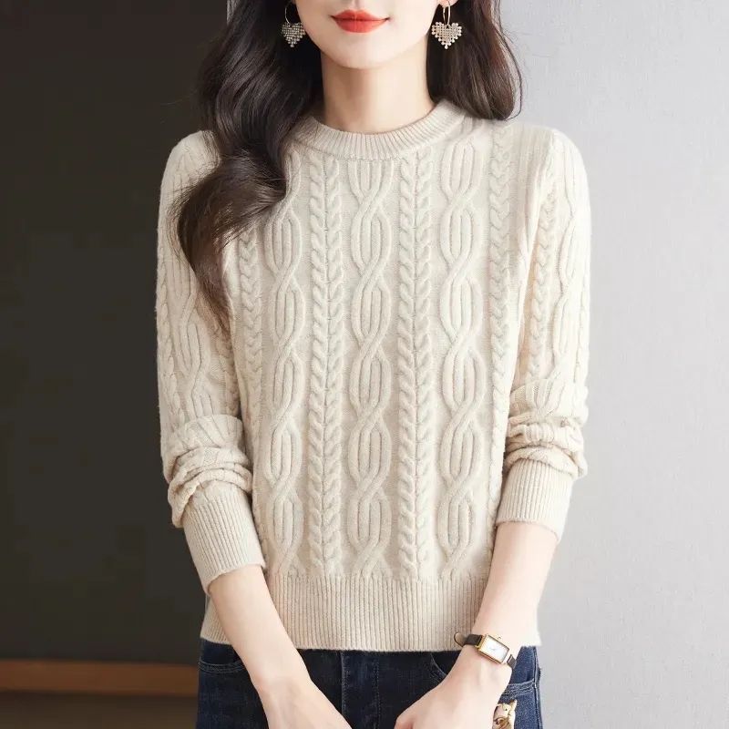 時尚圓領麻花長袖針織衫(6色)