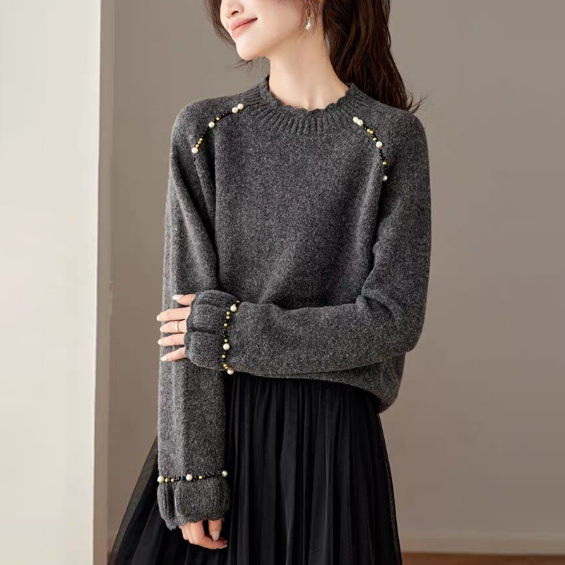 慵懶釘珠圓領針織毛衣(3色)