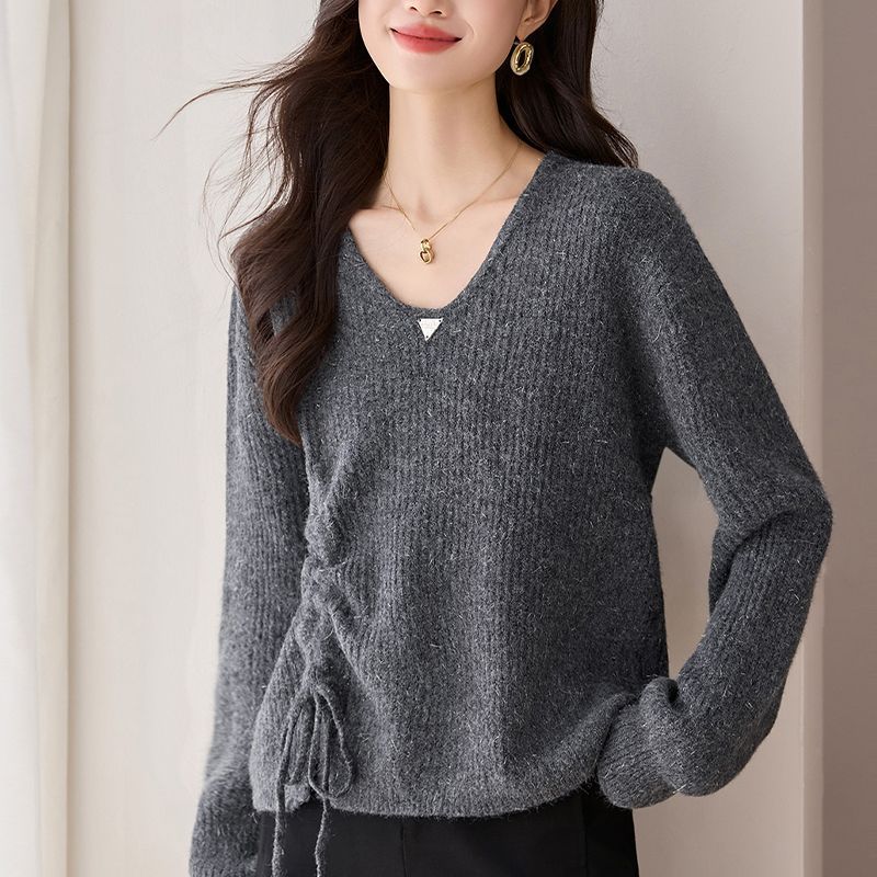 寬鬆V領長袖抽繩針織衫(4色)