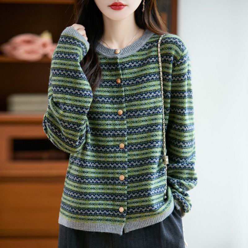 復古圓領提花條紋針織開襟衫