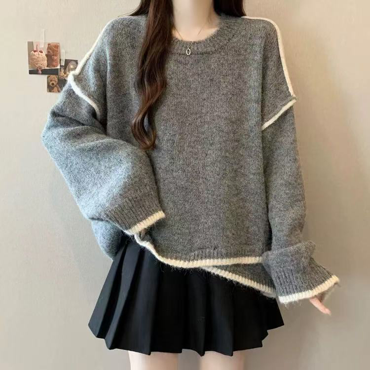 慵懶撞色圓領長袖針織毛衣(2色)
