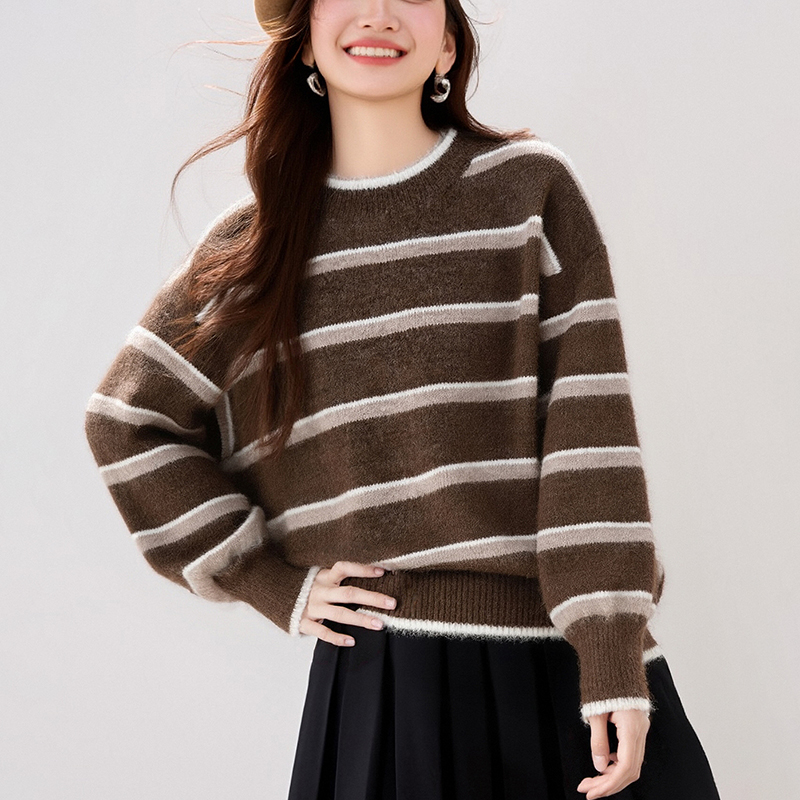 復古撞色條紋圓領長袖毛衣