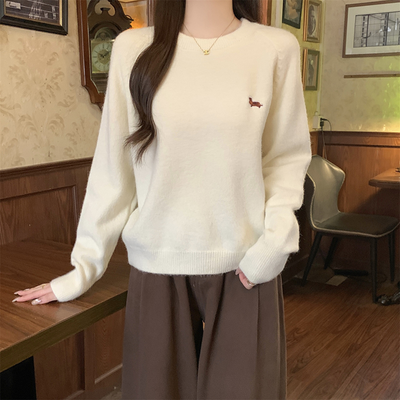 韓系慵懶圓領刺繡針織毛衣(4色)