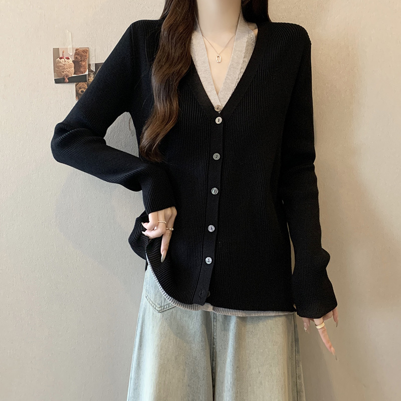 V領假兩件針織開襟衫