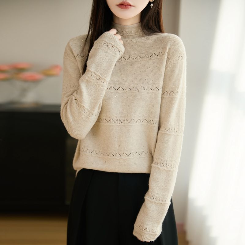 寬鬆半高領鉤花鏤空燙鑽針織毛衣(5色)