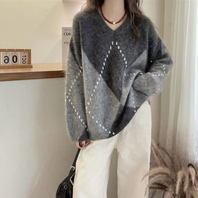 百搭撞色菱形格針織毛衣(3色)