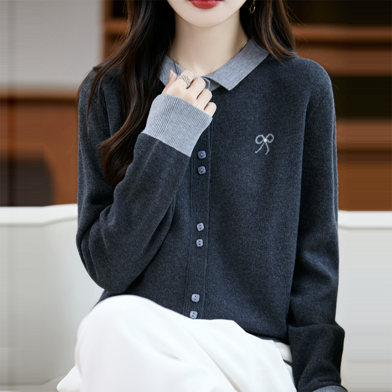 蝴蝶結刺繡POLO領撞色針織開襟衫(4色)