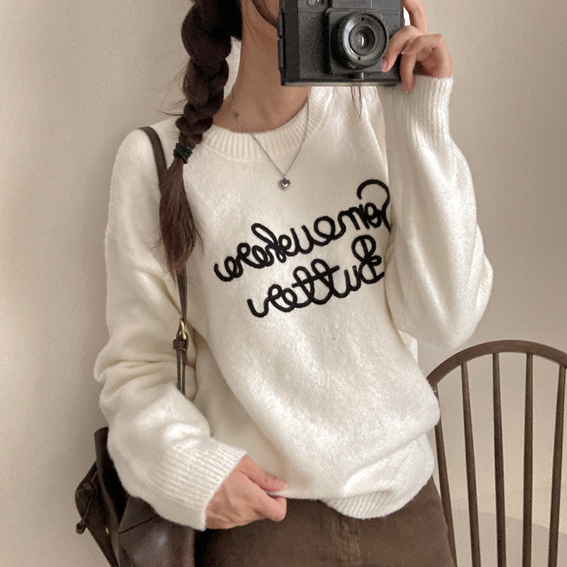 日系字母刺繡圓領針織毛衣(5色)