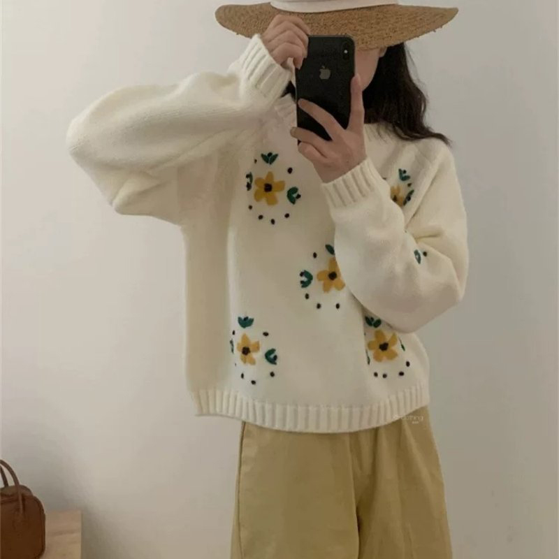 慵懶立體刺繡花朵圓領針織毛衣(3色)