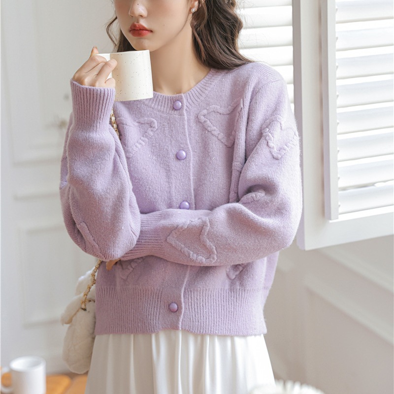 甜美圓領簡約立體愛心針織開襟衫(6色)