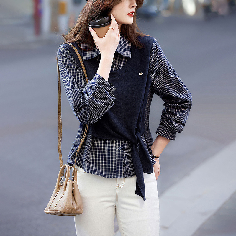 百搭格子假兩件長袖襯衫