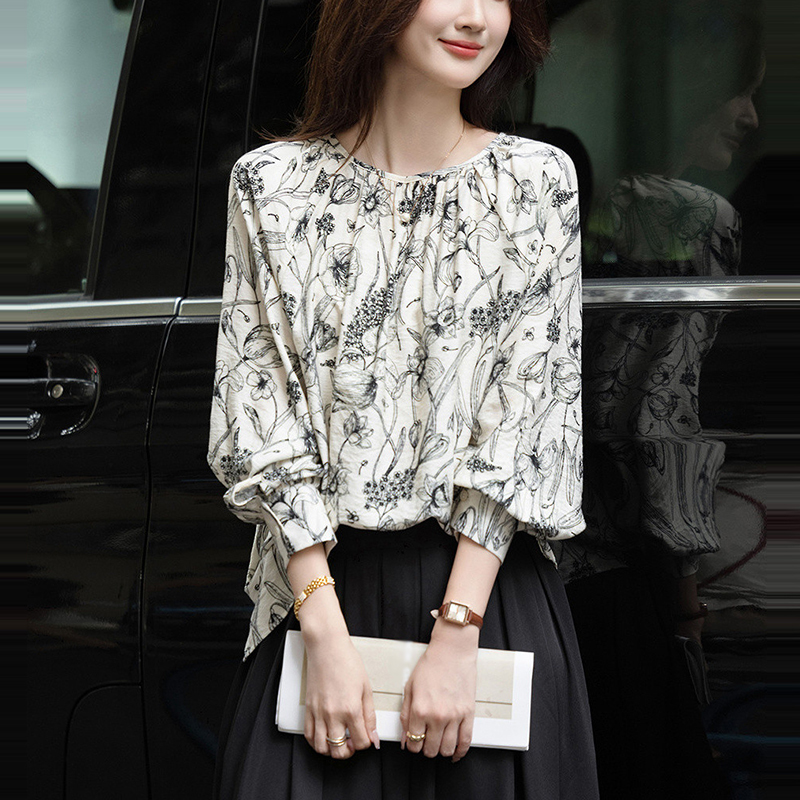 復古設計感斜領羈絆印花襯衫