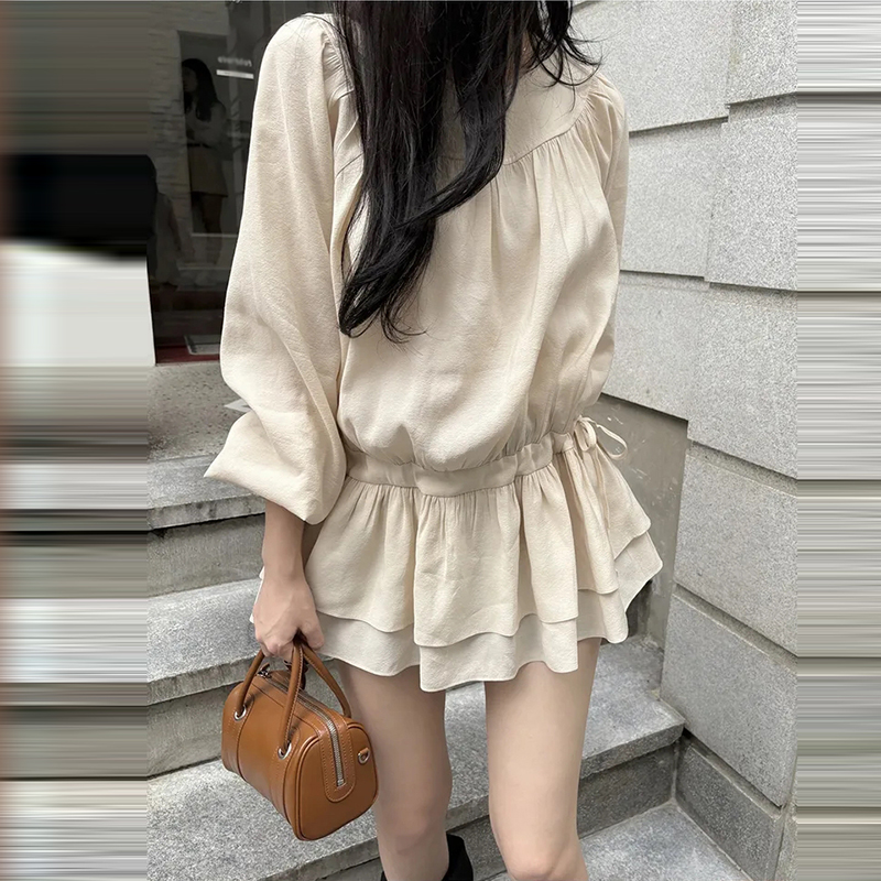 韓系圓領抽繩收腰連身裙(2色)